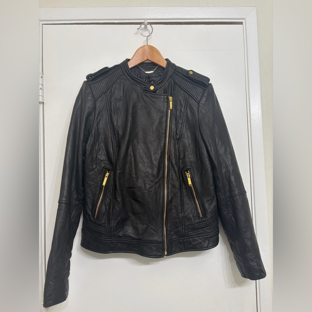 Bernardo Black Leather Jacket with Gold Zippers